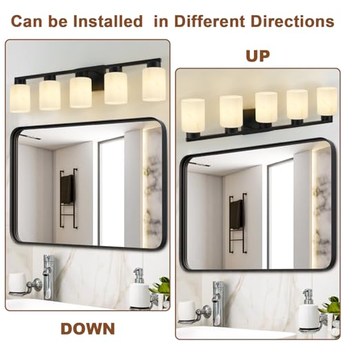 Image of 5-Light Bathroom Light Fixtures, Modern Vanity Lights, Black Metal Wall Lamp with White Marble Glass for Bathroom, Mirror, Living Room, Bedroom, Cabinet, Porch, Hallway, E26 Base