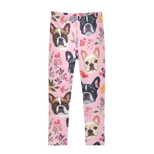 Cute Bulldog Flower Girls Leggings Soft Stretch Workout Yoga Dance Pants for Kids Casual Tights
