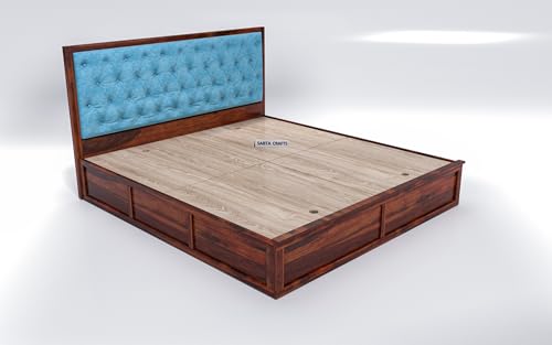 Image of Wooden Double Size Bed with Box Storage for Bedroom, Blue Upholstered Cushioned Headboard, Solid Sheesham Wood, Natural Finish, Mattress Size: 78 X 48 in
