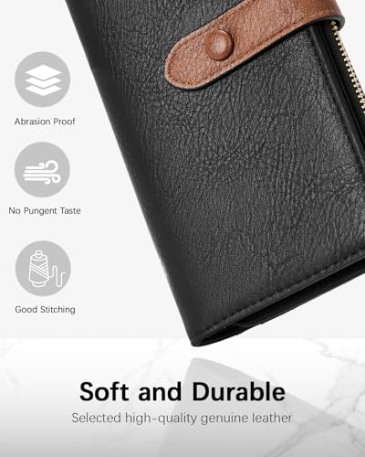 BOSTANTEN Womens Leather Wallets RFID Blocking Large Capacity Trifold Card Holder Ladies Phone Clutch Black＆Brown2
