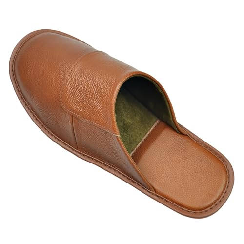 Image of Hwayslon Leather Slippers Men's Women's Leather Room Shoes Natural Cowhide Luxury Solid Color Unisex