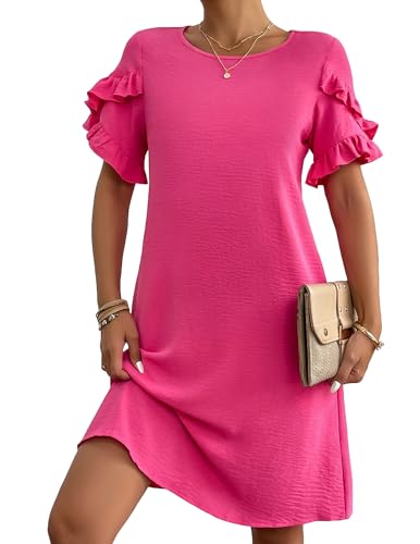 Image of HOTOUCH Womens Summer Dress 2025 Short Sleeve A-Line Mini Dress Casual Crew Neck Shift Dress Beach Sundress with Pockets