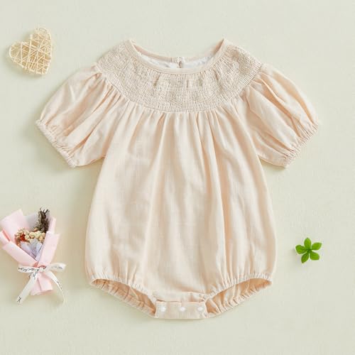 Baby Girl Smocked Bubble Romper Summer Embroidery Puff Sleeve Bodysuit Cotton Infant Clothes2