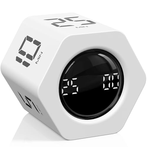 Rotating Pomodoro Timer 5, 25, 10 30,60 Mins Preset Stopwatch, Desk Flip ProductivityTimer, ADHD Tool Hexagon, Vibration/Mute/Alarm, for Work, Study, Back to School, Kitchen, White