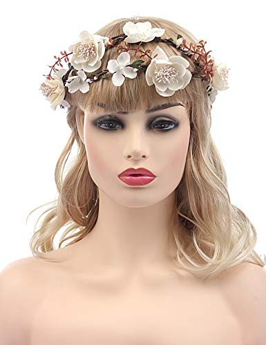 Floral Crown BOHO Flower Headband Hair Wreath Bridal Wedding Headpiece for Women and Girls (White - Long)