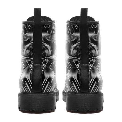 Image of Custom Black Combat Boots for Women Fashion Lace-Up Skull Rose Ankle Booties Chunky Heel Platform Leather Boots