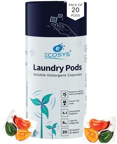 Ecosys 3-in-1 Dissolvable Magic Laundry Pods for 20 washes:Bioenzymes Infused,Tough Stain Fighter for Top & Front Load with Floral Aroma,1 Pod = 1 Wash for 5-7kg