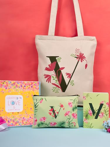 Image of DOODLE Monogram V Diary Gift Set with Tote Bag and Pouch | B6 Soft Bound Ruled Notebook | Stationery Gift Set for Women