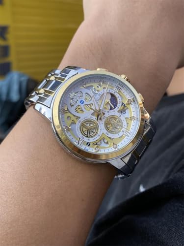 Image of OLEVS Mens Original Skeleton Luxury Business Analog Quartz Wrist Watches | Big Face Chronograph watch for men,stylish dress Gift,Stainless Steel ,Waterproof Luminous,Easy to Read