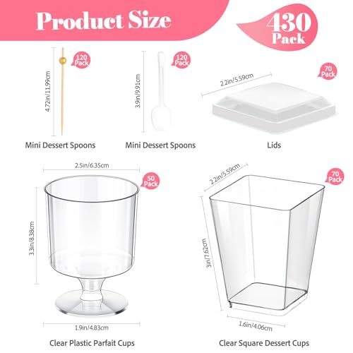 Fracurs 430 Pack Clear Dessert Cups Set with Spoons & Cocktail Picks, 5OZ Round Shooters Cups For Party, Mini Plastic Parfait Cups with Lids for Ice Cream Cake Pudding Fruit Yogurt Jello Appetizer Cup – Image 3