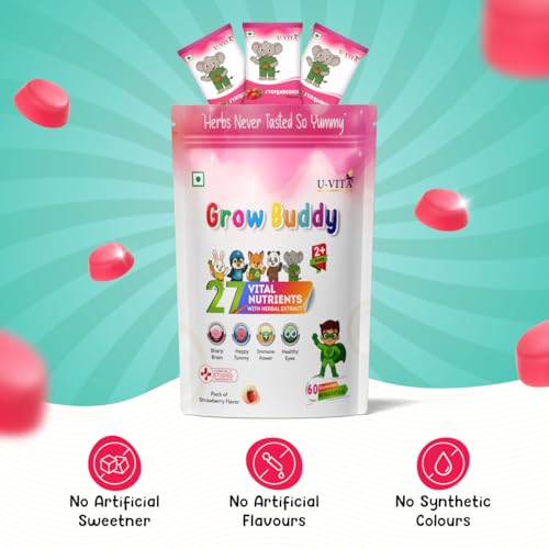 Image of U-VITA Grow Buddy Multivitamin Gummies for Kids (2+ Years) | No Added Sugar | 27 Essential Vitamins, Minerals & Pure herbal extracts | Made in India and Formulated in the UK |60 Gummies, Strawberry