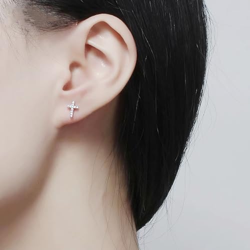 14K White Gold Plated Small Cross Silver Stud Earrings, Hypoallergenic Pave CZ Tiny Cross Stud Earrings for women4