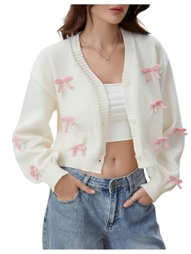 SHENHE Women's Bow Sweater Cardigan Button Down V Neck Lightweight Knit Cropped Cardigan