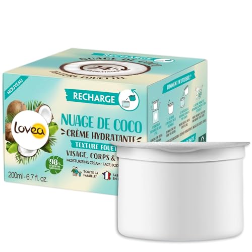 LOVEA - Nuage de Coco - Recharge Crème Hydratante Multi-Usages - Visage, Corps & Mains - Hydrate 24h - Pour Toute la Famille - Dès 3 Ans - 99% d'Origine Naturelle - Vegan - Fabriqué en France - 200 ml