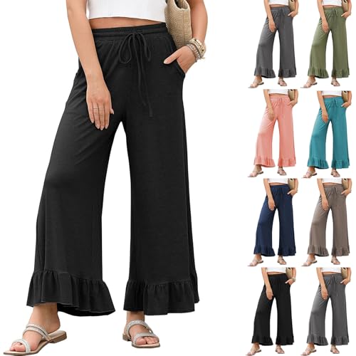 Wide Leg Pants Woman High Waisted Drawstring Ruffle Hem Palazzo Pants with Pockets Casual Elastic Waist Boho Flowy Beach Pants Plus Size Dress Pants Flared Yoga Pants for Women Summer Pants for Woman