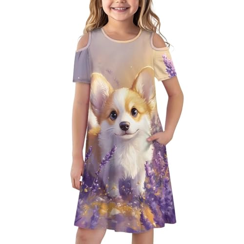 ZFRXIGN Girls Summer Short Sleeve Dress Cold Shoulder Dress with Pocket Flowy A-Line Sundress
