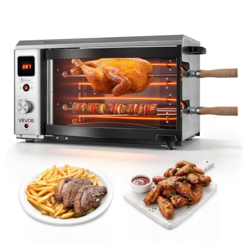 Image of VEVOR Countertop Vertical Oven Brazilian Flame 2 Auto Rotating Skewers | for Steak, Fish, Lamb Leg, 1800W Rotisserie Shawarma Machine, Electric Meat Kebab Grill, with Curved Glass Door, Drip Tray