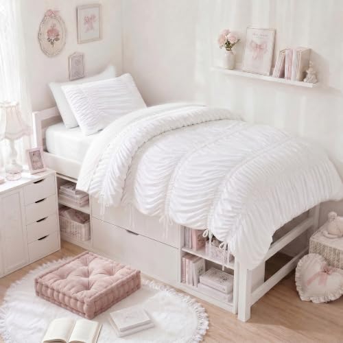 Image of Intelligent Design Ruched Shabby Chic White Twin XL Comforter Set, 2pc | Back to School Girls Dorm Bedding Set, French Country, All Season Down Alternative, Cozy, Machine Washable, Lightweight