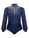 TiaoBug Maillot De Baile De Patinaje Artístico Para Niños Body De Manga Larga Con Cuello Alto Traje Baile De Salón Rumba Azul marino 9-10 años