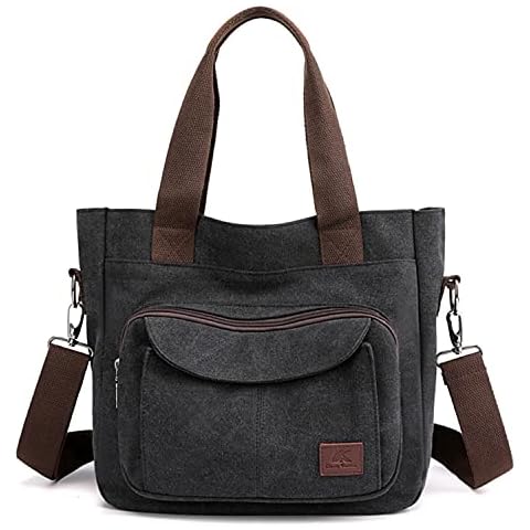 Women's Canvas Top Handle Handbag Stylish Multi-pocket Shoulder Tote Purse Work Crossbody Bags (Black) One Size Cover