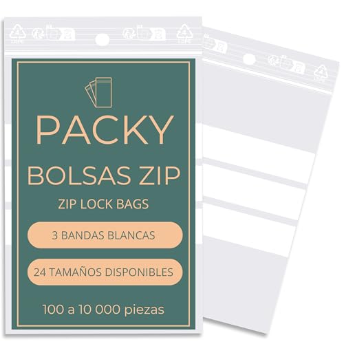 PACKY - Bolsas Zip Con 3 Bandas Blancas - Autocierre - 7 Tamaños Disponibles - 4x6 Cm Lote De 100