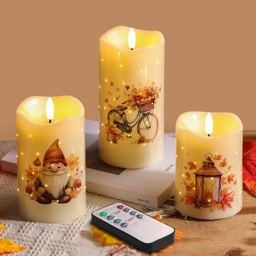 Image of Eywamage Fall Fiber Optic Flameless Pillar Candles with Remote Timer, Flickering Pumpkin Maple Leaves LED Battery Candles Autumn Harvest Home Table Decor Set of 3
