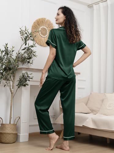 Image of WJing Yi Jia Womens Pajamas Set XS-4XL Floral Silk Satin Pajama Sets Silky Pj Sets 2Pcs Loungewear Sleepwear Button Down Pjs