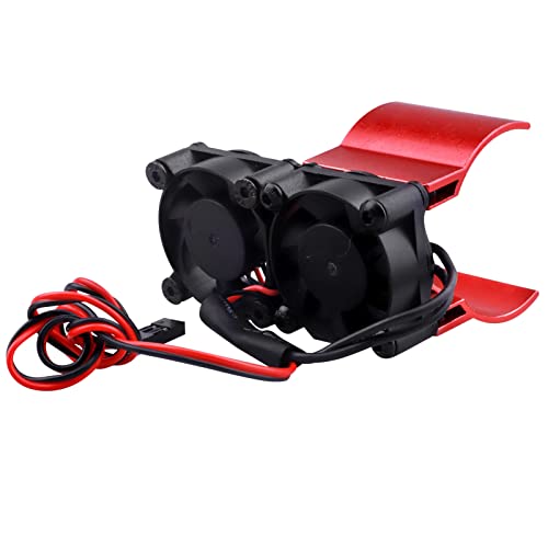 RC Motor Fan Radiator Aluminum Heat Sink Twin Cooling Fans Thermal Sensor for 1/10 RC Car 540/550 Traxxas Axial Redcat HSP HPI Wltoys Himoto Tamiya (Red)