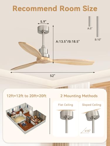Image of Sofucor 52 Inch Solid Wood Ceiling Fans no Light, Works with App /Alexa /Google, Dimmable 6-Speed Outdoor Ceiling Fan with Remote for Indoor Bedroom Living Room Outdoor Patio Porch