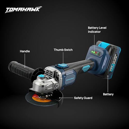 Image of Tomahawk PGR-4995 20V Brushless Cordless Angle Grinder - Mini Angle Grinder with 2x4.0Ah Batteries & Charger | 4 Inch Disc | 2-Speed up to 9,000 RPM | Trigger Lock