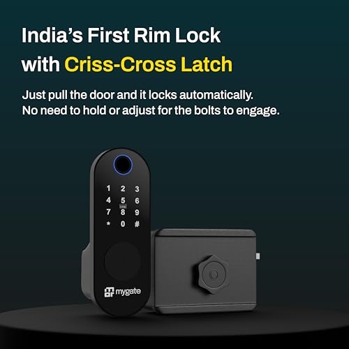 Image of Mygate Smart Lock Edge with Wifi Gateway | Digital Rim Lock for Wooden & Metal Doors | 20-65mm Thickness| 6-in-1 Unlock - Fingerprint, PIN, RFID, App, OTP & Key | Remote Unlock | 2-Year Brand Warranty