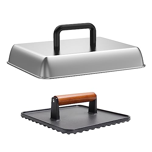 Image of SafBbcue 14 inch Stainless Steel Rectangle Cheese Melting Domer Basting Cover & Cast Iron Rectangle Griddle Smash Burger Grill Weight Press for Blackstone, Pitboss, Camp Chef Flat Top Grills Accessories