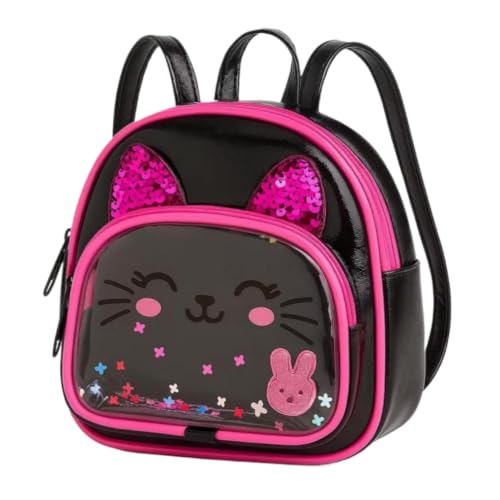 Mochila Infantil Feminina com Estampa de Gatinho Brilhante em Material Resistente para Crianças de 2 a 6 Anos, Uso em Creche e Passeios(PRETO // GATINHA)