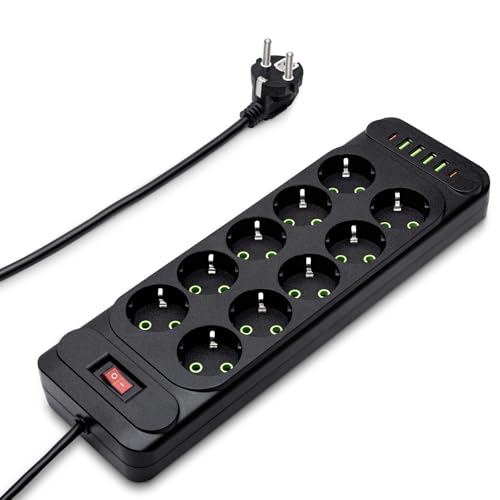 10-Fach Steckdosenleiste mit USB-C Mehrfachsteckdose Überspannungsschutz mit Schaltbar Verteilersteckdose Wandmontage Multisteckdose mit 2M Verlängerungskabel Schwarz