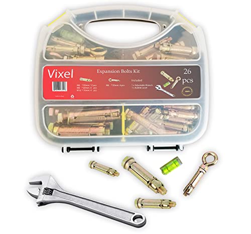 VIXEL 26 Heavy Duty Expansion Bolts Concrete Wall Anchor Rawl Bolt Assortment Kit of Different Sizes with Wrench and Level Meter and Closed Hook Eye Bolts