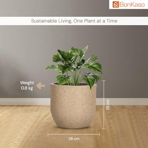 Image of BonKaso 10 Inch Jaguar Round Plant Pots | Highly Durable & Lightweight Polymer Planter for Indoor & Outdoor Use | Flower Pot (Gamla /Gamale) for Home, Office, Garden, Living Room & Balcony (Beige)
