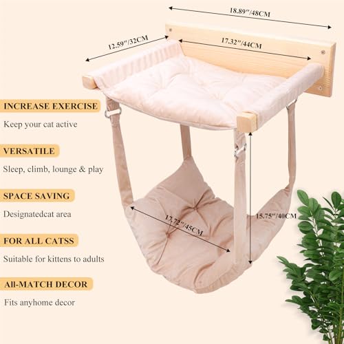 JSPYFITS Móveis de madeira para gatos montados na parede com rede de camada dupla, cama de gato mult