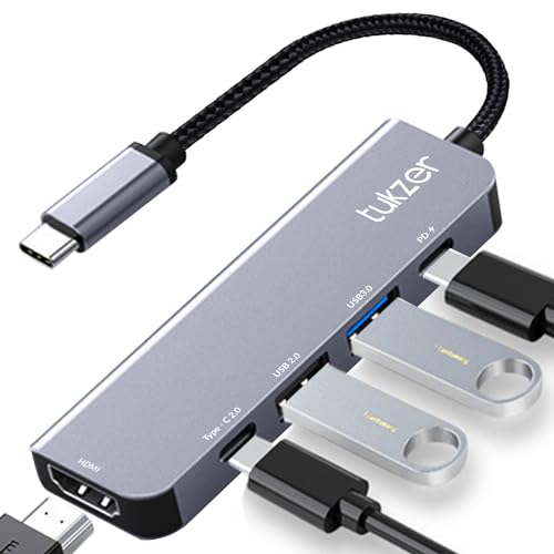 Image of Tukzer 5-in-1 Type-C Hub to HDMI 4K@30Hz, Type C 2.0, USB 2.0, USB 3.0 Data, 100W PD with 1000M Ethernet RJ45, MultiPort Adapter Compatible with MacBook Pro Air iPad, Dell, Other Type-C Device