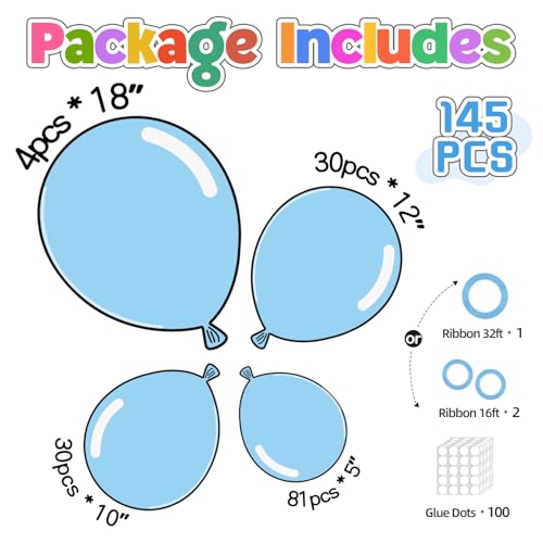 Image of 145pcs Pastel Blue Balloons Different Sizes 18 12 10 5 Inch Baby Blue Balloon Arch Kit Garland for Birthday Party Graduation Baby Shower Gender Reveal Easter Anniversary Party Decoration