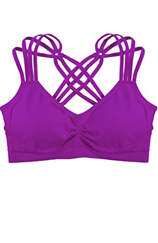 Humble Chic Criss Cross Padded Sports Bra - Light Support Seamless Wireless Strappy Bralette, Violet - 4 Straps, Purple One Size