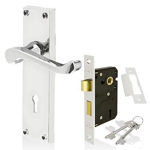 HANDLESTORE Victorian Scroll Locking Lever Door Handle on Backplate – Polished Chrome Interior Handles with 2.5 Mortice Sash Lock & Screws (Pair)