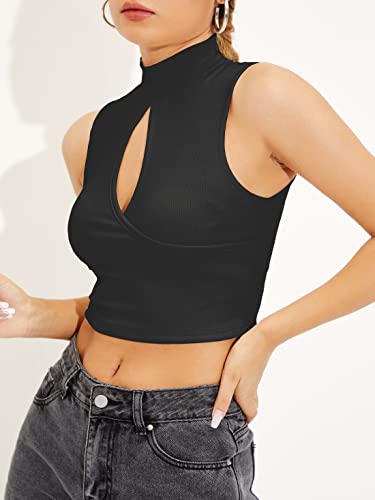 Image of Shasmi Women's & Girl's Black and Maroon Solid Ribbed High Neck Stand Collar Sleeveless Slim Fit Cut Out Tank Tops (Top 43)