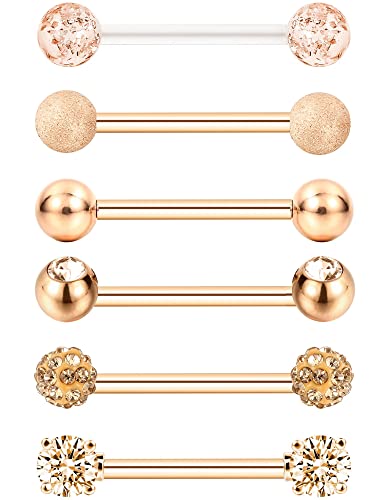 6 Pairs Nipple Tongue Ring Stainless Steel Barbell Rings Cubic Zirconia Nipplerings Body Piercing Jewelry, 14 Gauge (Rose Gold)2