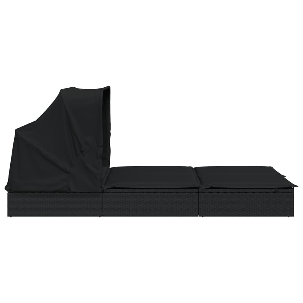 Leżak 2-osobowy z Daszkiem Składanym Czarny Polirattan 213x118x97 cm Regulowany Ogrodowy taras basen podwójny leżak ogrodowy