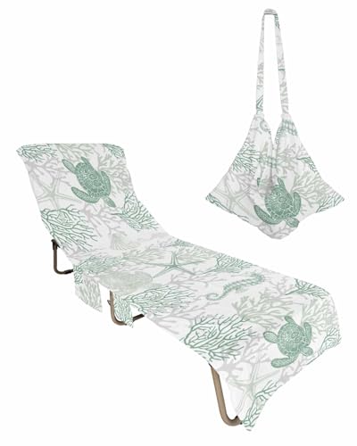Coastal Green Ocean Turtle Beach Chair Towel Covers for Chaise Lounge With Side Pocket, Soft Plush Pool Towels Cover for Patio Sunbathing Outdoor Grey Ocean Sea Coral Seahorse Shell 29''x85''