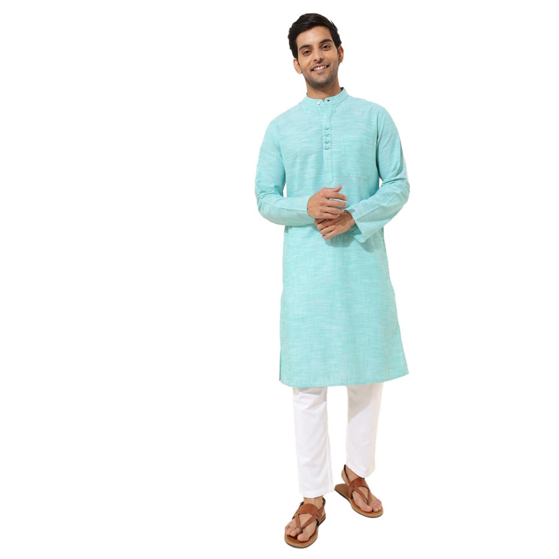 Fabindia Men's Cotton Woven Slim Long Kurta (1038412Teal_Teal