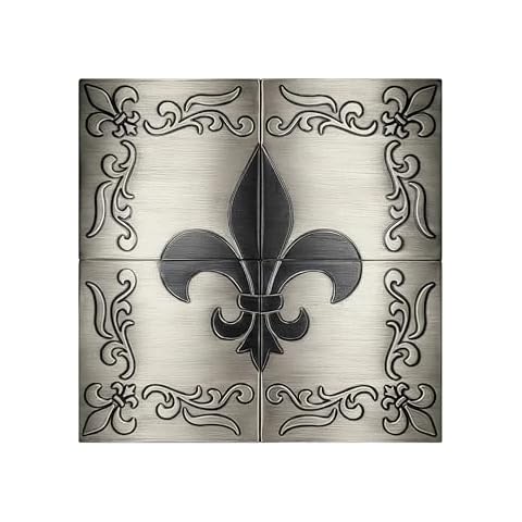 Handmade Steel Kitchen Backsplash Tiles - Fleur de lis - Set of 4-19.68 x 19.68 Decorative Metal Tiles for Premium Wall Decor, Mural Artwork, and More Cover