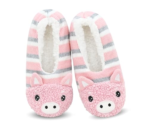 DICUIRD Womens Smiley Animal Face Soft Sole Slipper Socks with Grippers-Fuzzy House Slippers(pig 8-10)