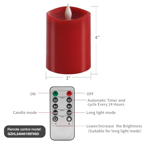 Image of 3″x4″ Red Flickering Flameless Candles, 2AA Battery Life 600 Hours Battery Candles Flickering with Timer,4 inch Flameless Candles with Remote for Indoor /Outdoor,Set of 1