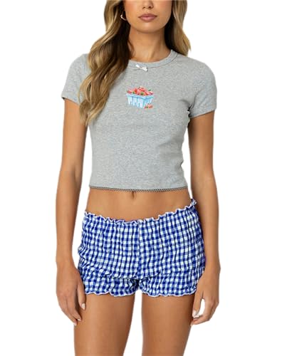 Image of Yuemengxuan Women Y2k Ruffle Shorts Ruched Plaid Shorts Micro Shorts Pajama Bottoms Y2k Cute Fairy Lace Edge Pettipants